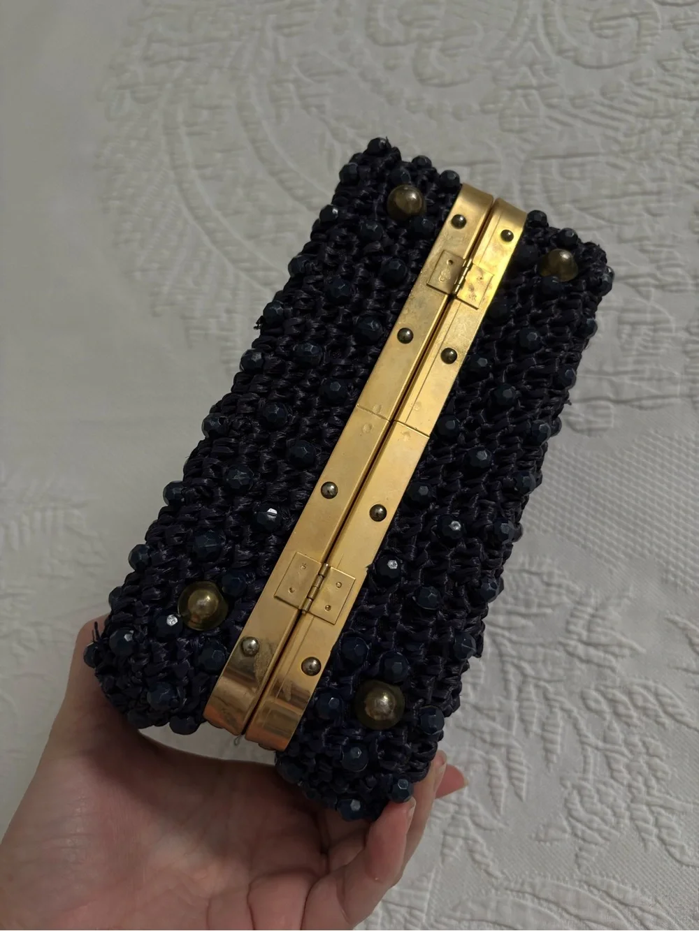 Vintage 1950s beaded navy blue box clutch handbag Made in Italy